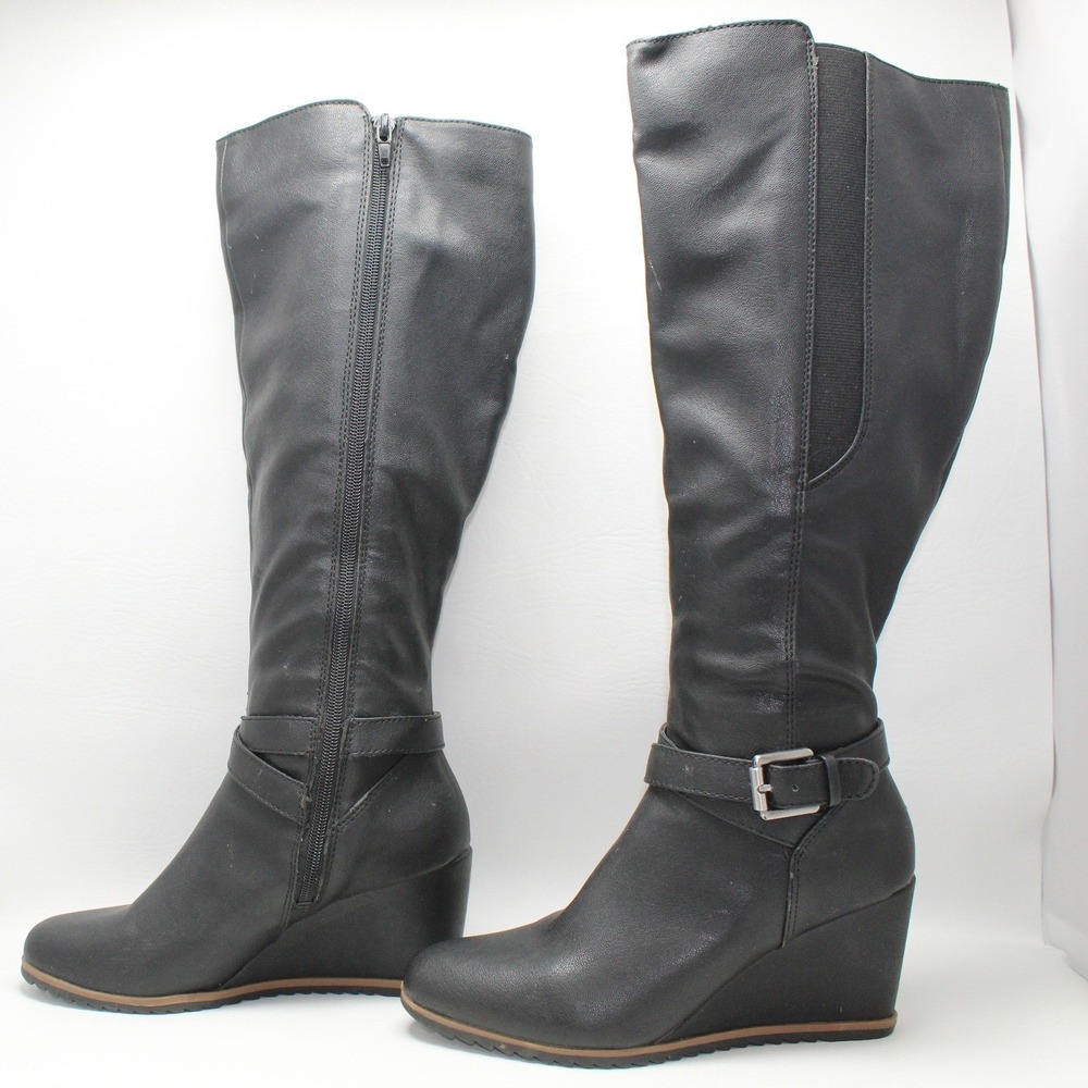 Soul Naturalizer Harvest Black Wedge Tall Boots Buckle Strap Womens 7M